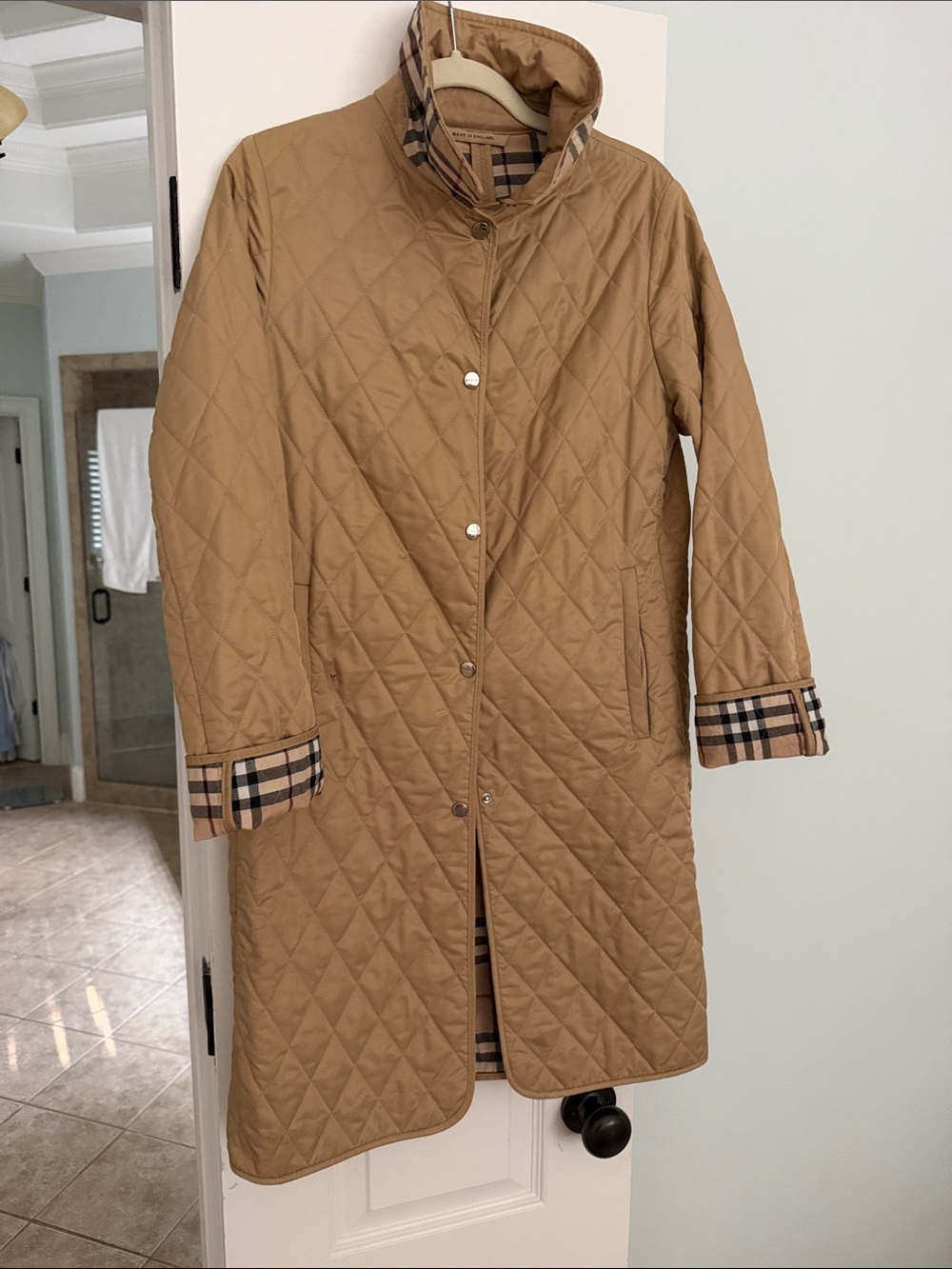 Burberry Quilted Tan Trench Coat with Signature Check Trim